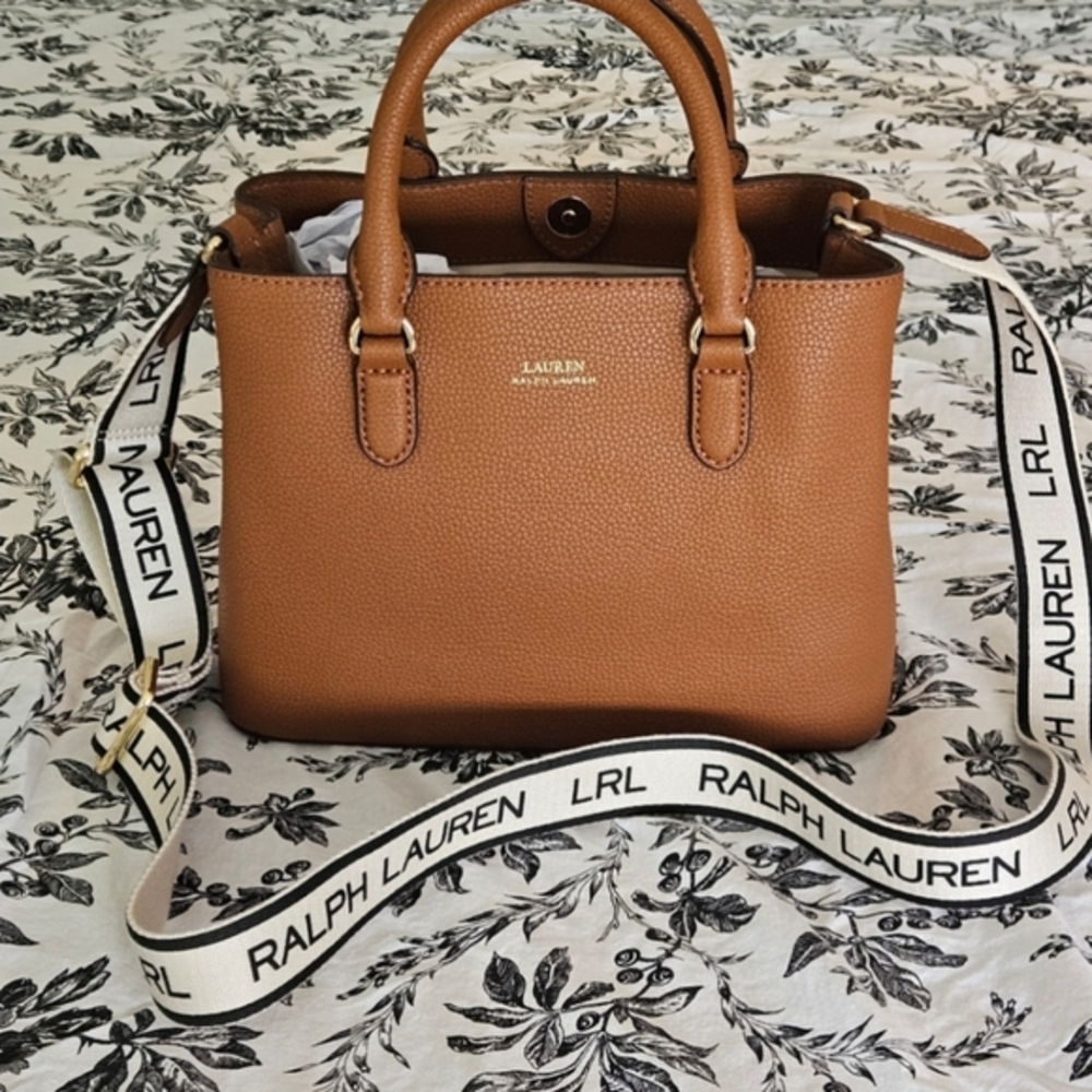 LAUREN RALPH LAUREN Marcy II Satchel in Tan with Signature Logo Web Strap